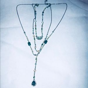 Necklace Green Gem Stones; White Crystals; Beads